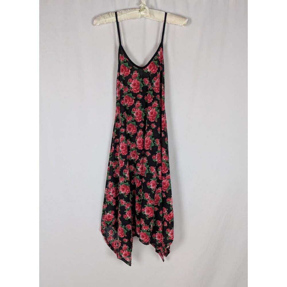 Canari Dress L Women's Black Floral Scoop Neck Spaghetti Strap Trapeze Comfy